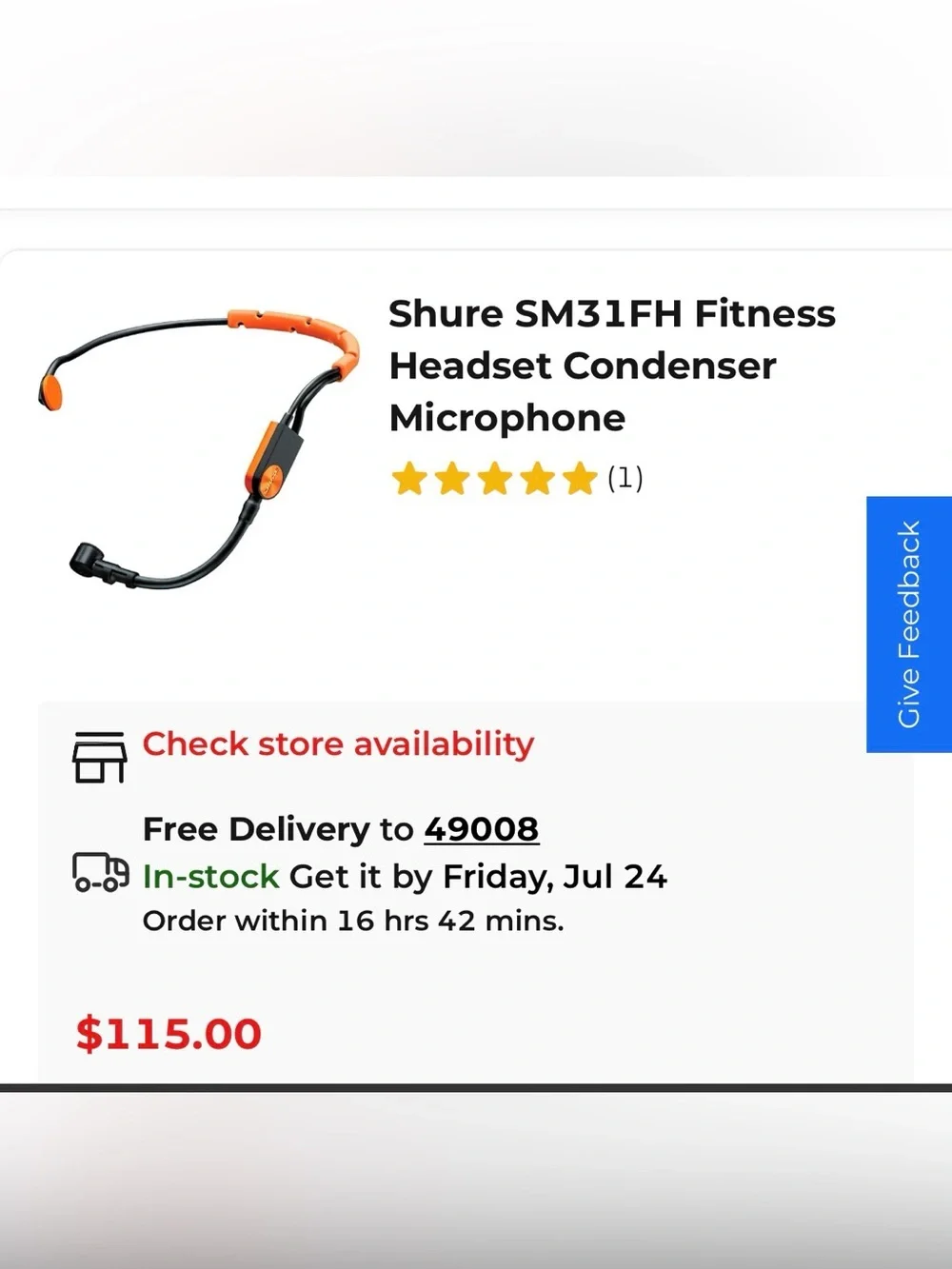 Shure Orange Headset Fitness Microphone - SM31FH